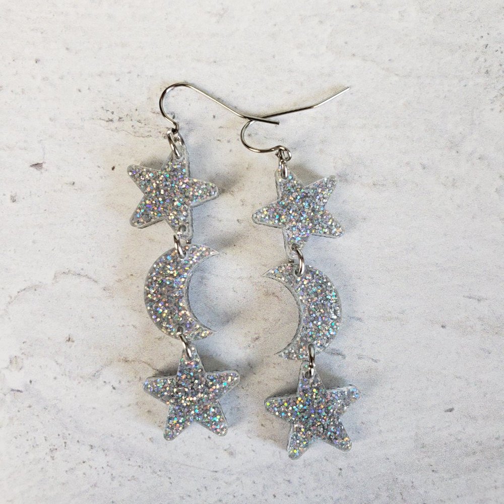 Star and Moon Dangle Earrings, Silver Holographic Acrylic, Handmade